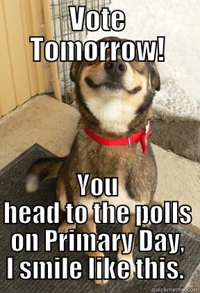 VOTE TOMORROW! YOU HEAD TO THE POLLS ON PRIMARY DAY, I SMILE LIKE THIS.  Good Dog Greg
