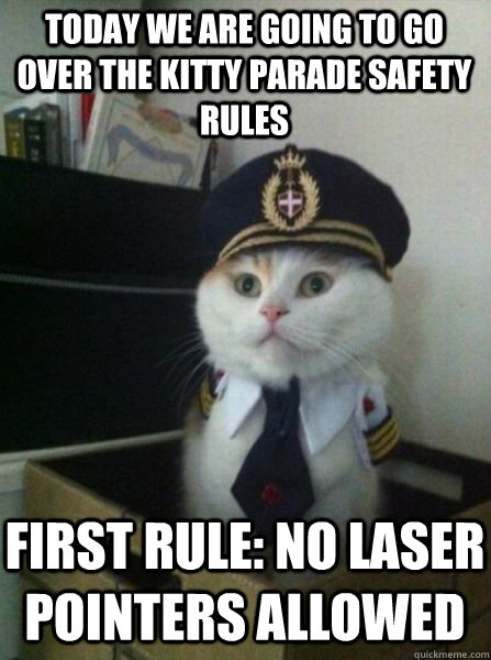 Today we are going to go over the kitty parade safety rules First rule: No laser pointers allowed  Captain kitteh