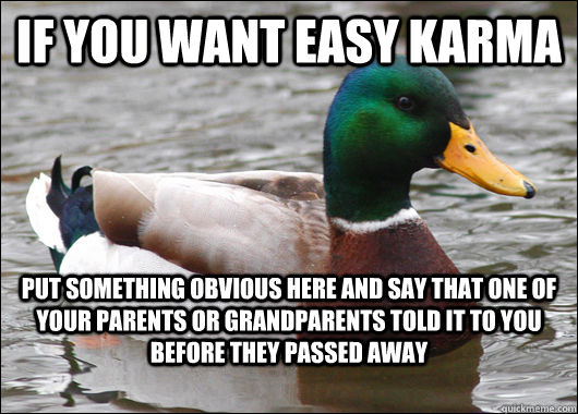 If you want easy karma put something obvious here and say that one of your parents or grandparents told it to you before they passed away  Actual Advice Mallard