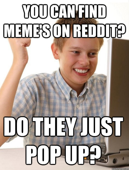 You can find Meme's on reddit? do they just pop up?  First Day on the Internet Kid