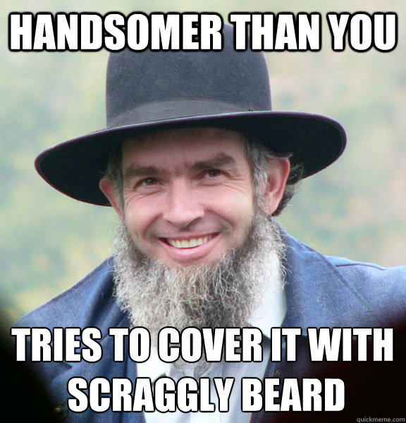 Handsomer than you Tries to cover it with
 scraggly beard  Good Guy Amish