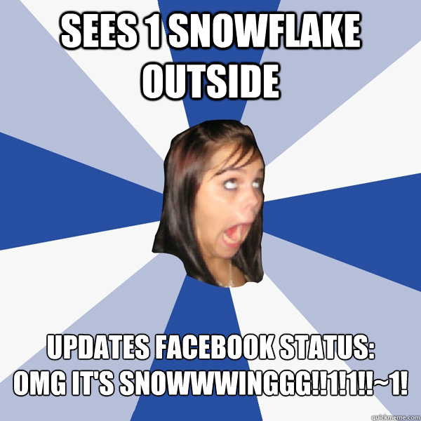 SEES 1 SNOWFLAKE OUTSIDE updates facebook status: 
omg it's snowwwinggg!!1!1!!~1!  Annoying Facebook Girl