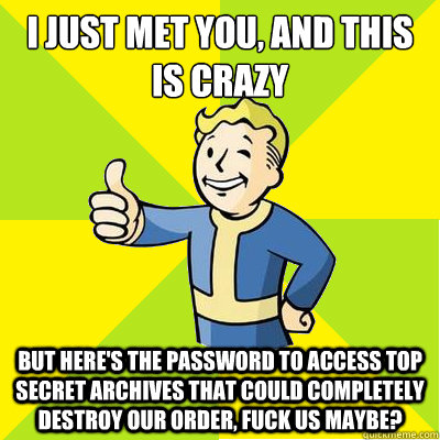 i just met you, and this is crazy but here's the password to access top secret archives that could completely destroy our order, fuck us maybe?  Fallout new vegas