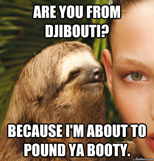 Are you from Djibouti? Because i'm about to pound ya booty.  rape sloth
