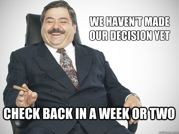 We haven't made our decision yet Check back in a week or two - We haven't made our decision yet Check back in a week or two  Scumbag Potential Employer