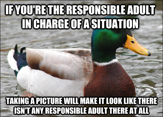 If you're the responsible adult in charge of a situation taking a picture will make it look like there isn't any responsible adult there at all - If you're the responsible adult in charge of a situation taking a picture will make it look like there isn't any responsible adult there at all  Actual Advice Mallard