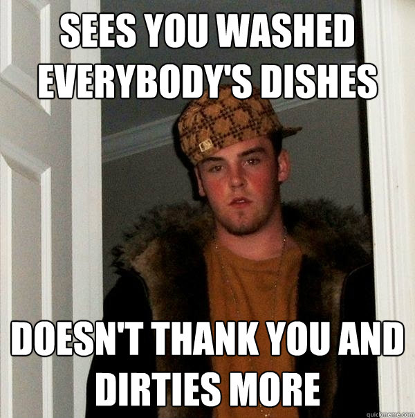 Sees you washed everybody's dishes Doesn't thank you and dirties more  Scumbag Steve
