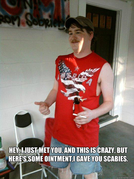  Hey, I just met you, and this is crazy, but here's some ointment,I gave you Scabies.


  Redneck Randal