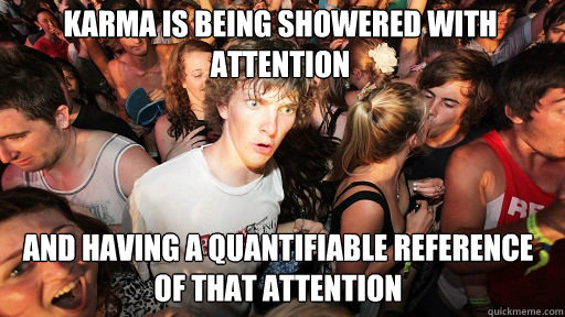 karma is being showered with attention and having a quantifiable reference of that attention  Sudden Clarity Clarence