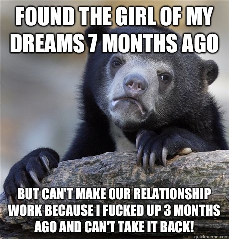 Found the girl of my dreams 7 months ago But can't make our relationship work because I fucked up 3 months ago and can't take it back!  Confession Bear