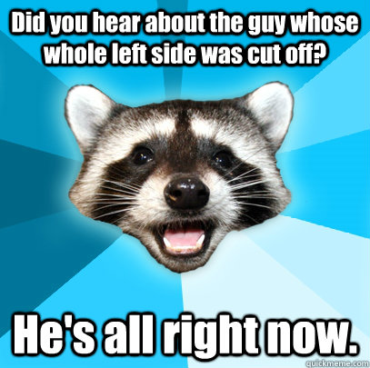 Did you hear about the guy whose whole left side was cut off?  He's all right now.  Lame Pun Coon