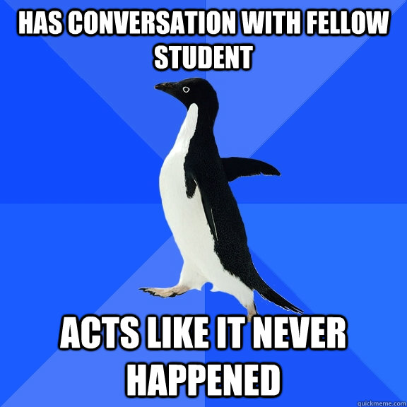 has conversation with fellow student  acts like it never happened   Socially Awkward Penguin