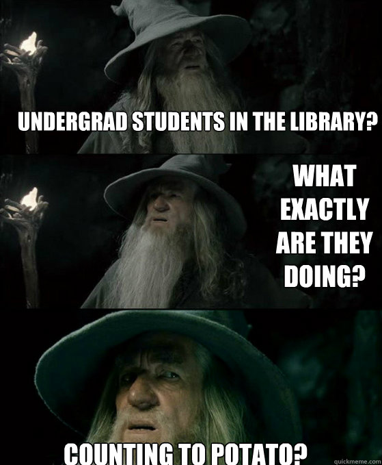 undergrad students in the library? Counting to potato? what exactly are they doing?  Confused Gandalf