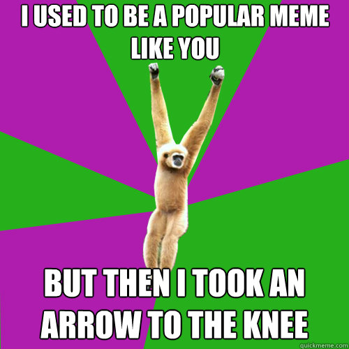 I used to be a popular meme like you but then i took an arrow to the knee  Over-used quote gibbon