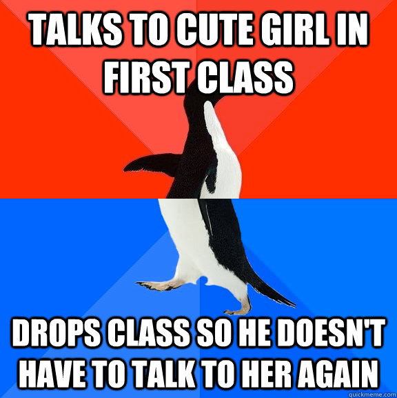 talks to cute girl in first class drops class so he doesn't have to talk to her again  Socially Awesome Awkward Penguin