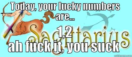 TODAY, YOUR LUCKY NUMBERS ARE... 1,2 AH FUCK IT, YOU SUCK  Misc