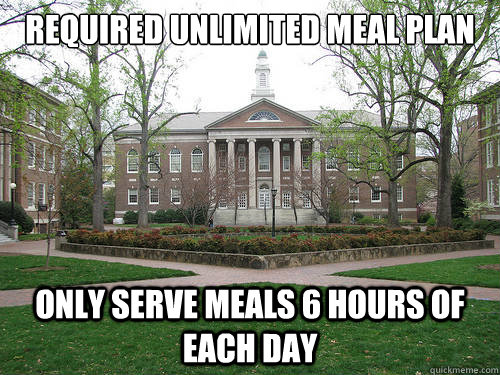 required unlimited meal plan only serve meals 6 hours of each day  Scumbag University