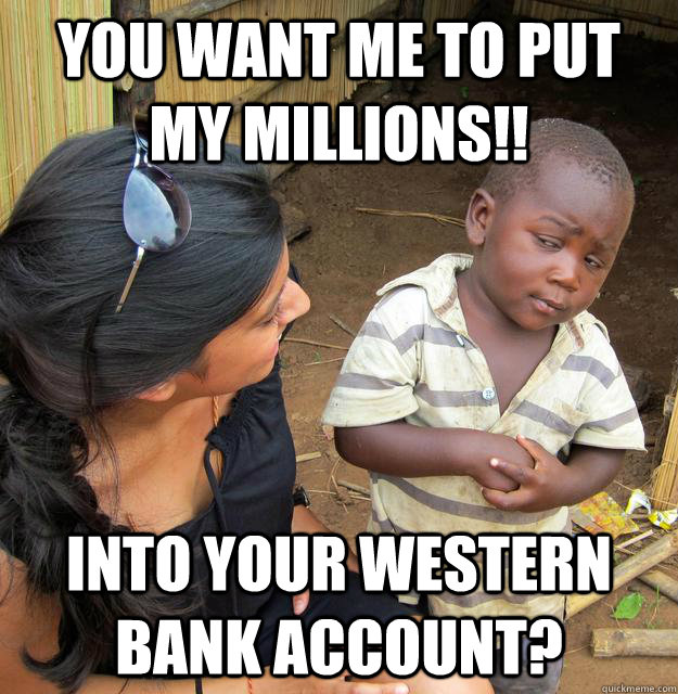 You want me to put my millions!! Into your western bank account?  Skeptical Third World Baby