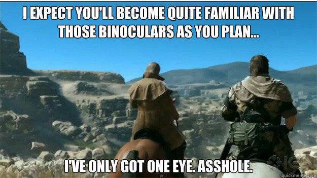I expect you'll become quite familiar with those binoculars as you plan... I've only got one eye. Asshole.  One Eyed Snake