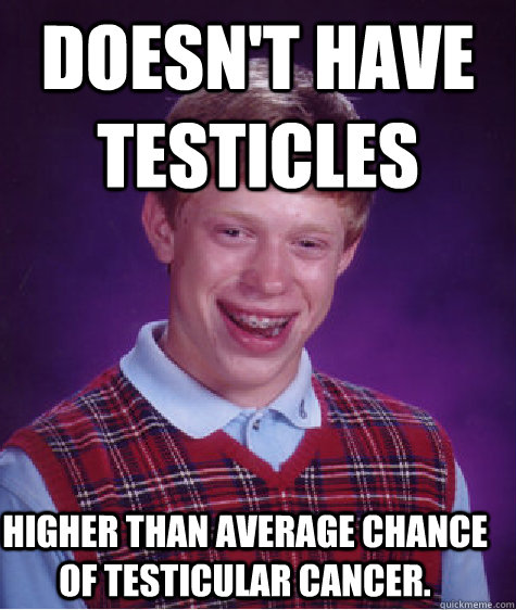 Doesn't have testicles Higher than average chance of testicular cancer.  Bad Luck Brian