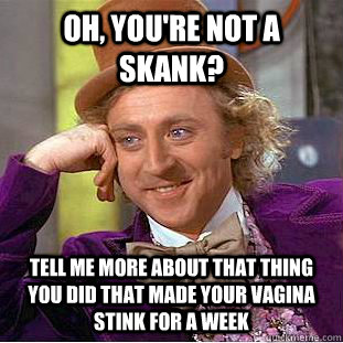 oh, you're not a skank? tell me more about that thing you did that made your vagina stink for a week  Condescending Wonka