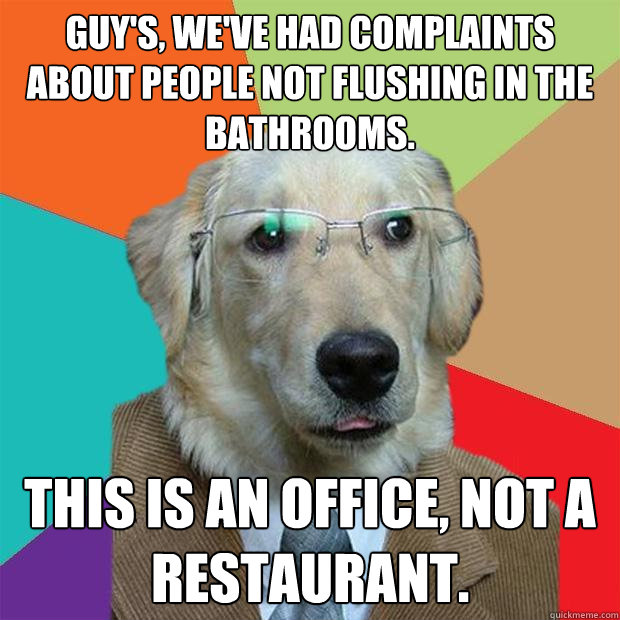 Guy's, we've had complaints about people not flushing in the bathrooms. This is an office, not a restaurant.   Business Dog