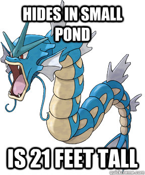 Hides in small pond is 21 feet tall  Gyarados