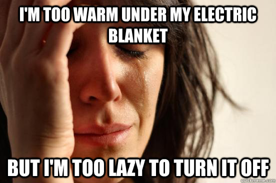 I'm too warm under my electric blanket But I'm too lazy to turn it off  First World Problems