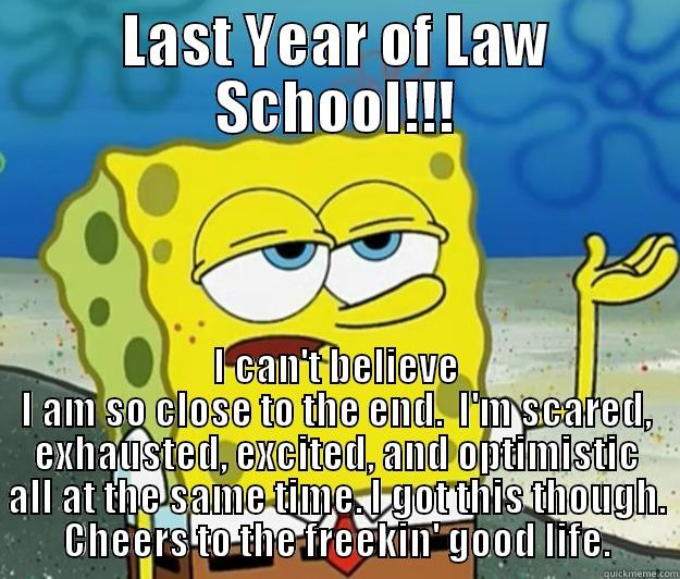 LAST YEAR OF LAW SCHOOL!!! I CAN'T BELIEVE I AM SO CLOSE TO THE END.  I'M SCARED, EXHAUSTED, EXCITED, AND OPTIMISTIC ALL AT THE SAME TIME. I GOT THIS THOUGH. CHEERS TO THE FREEKIN' GOOD LIFE. Tough Spongebob