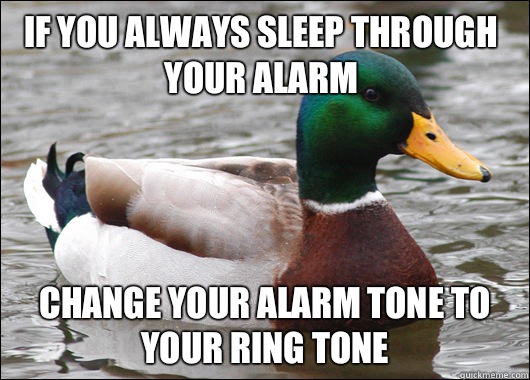 If you always sleep through your alarm Change your alarm tone to your ring tone  Actual Advice Mallard