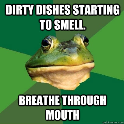 Dirty dishes starting to smell. breathe through mouth  Foul Bachelor Frog