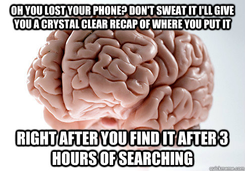 oh you lost your phone? don't sweat it i'll give you a crystal clear recap of where you put it right after you find it after 3 hours of searching  Scumbag Brain