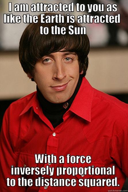 I AM ATTRACTED TO YOU AS LIKE THE EARTH IS ATTRACTED  TO THE SUN WITH A FORCE INVERSELY PROPORTIONAL TO THE DISTANCE SQUARED. Pickup Line Scientist