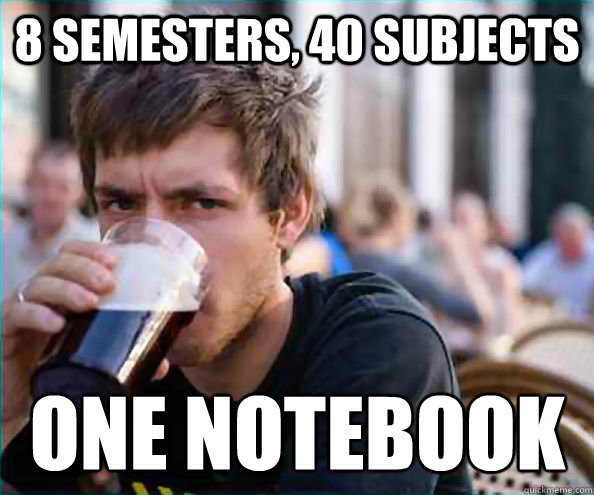 8 semesters, 40 subjects One notebook  Lazy College Senior