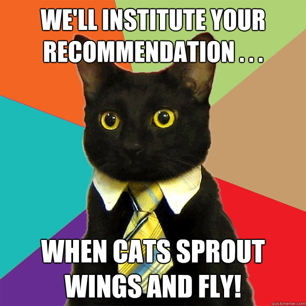 We'll institute your recommendation . . . when cats sprout wings and fly!  Business Cat