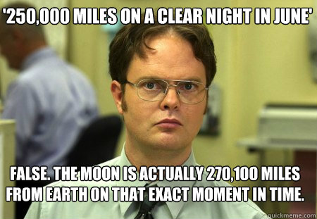 '250,000 miles on a clear night in june' False. The moon is actually 270,100 miles from earth on that exact moment in time.  Schrute