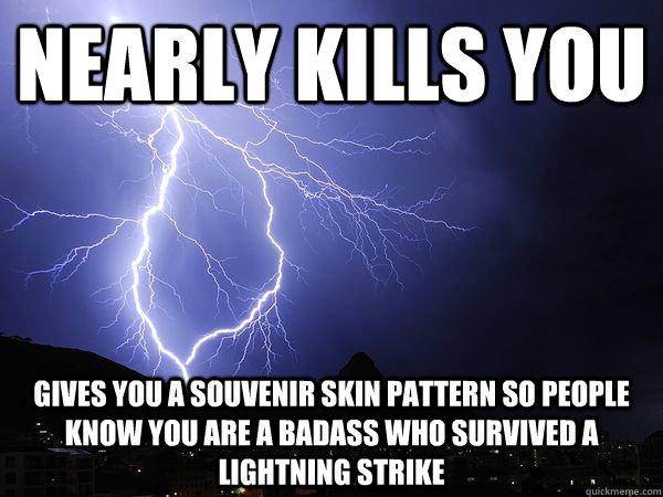 Nearly kills you Gives you a souvenir skin pattern so people know you are a badass who survived a lightning strike - Nearly kills you Gives you a souvenir skin pattern so people know you are a badass who survived a lightning strike  Misc