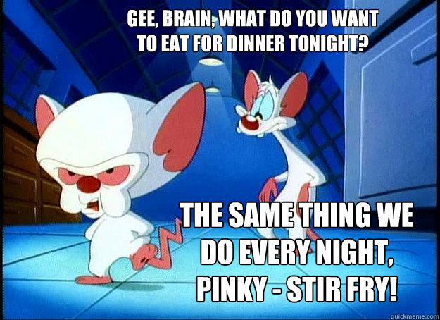 Gee, Brain, what do you want to eat for dinner tonight? The same thing we do every night, Pinky - STIR FRY!  Pinky and the Brain