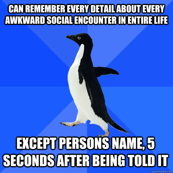 can remember every detail about every awkward social encounter in entire life except persons name, 5 seconds after being told it  Socially Awkward Penguin