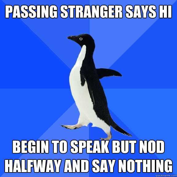 Passing stranger says Hi begin to speak but nod halfway and say nothing  Socially Awkward Penguin