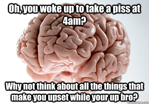Oh, you woke up to take a piss at 4am? Why not think about all the things that make you upset while your up bro?   Scumbag Brain
