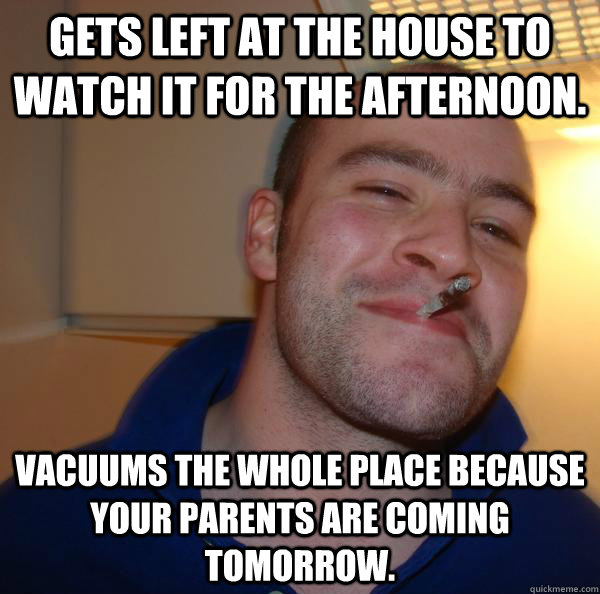 Gets left at the house to watch it for the afternoon. vacuums the whole place because your parents are coming tomorrow. - Gets left at the house to watch it for the afternoon. vacuums the whole place because your parents are coming tomorrow.  Misc