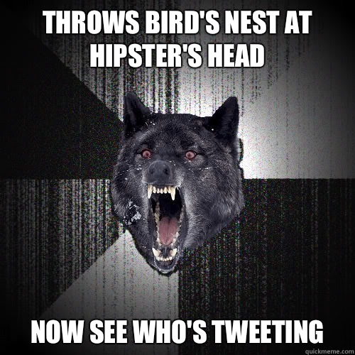 Throws bird's nest at hipster's head now see who's tweeting  insanitywolf