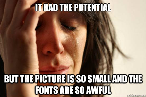 it had the potential but the picture is so small and the fonts are so awful - it had the potential but the picture is so small and the fonts are so awful  Misc