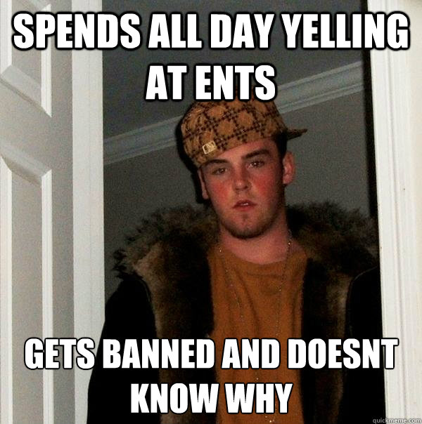Spends all day yelling at ents gets banned and doesnt know why  Scumbag Steve