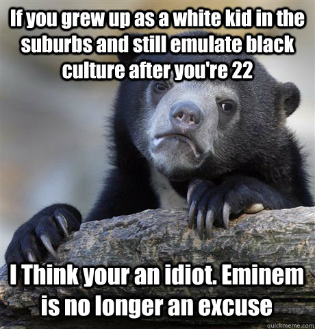 If you grew up as a white kid in the suburbs and still emulate black culture after you're 22 I Think your an idiot. Eminem is no longer an excuse  Confession Bear