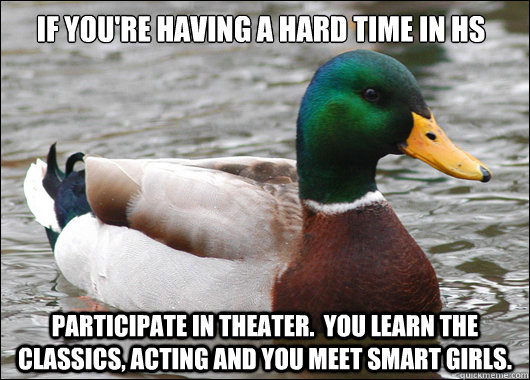 If you're having a hard time in HS participate in theater.  you learn the classics, acting and you meet smart girls.  Actual Advice Mallard