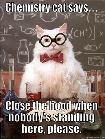 CHEMISTRY CAT SAYS. . . CLOSE THE HOOD WHEN NOBODY'S STANDING HERE, PLEASE. Chemistry Cat