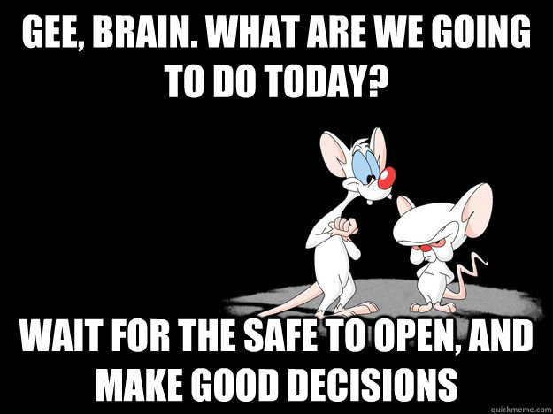 Gee, Brain. What are we going to do today? Wait for the safe to open, and make good decisions  