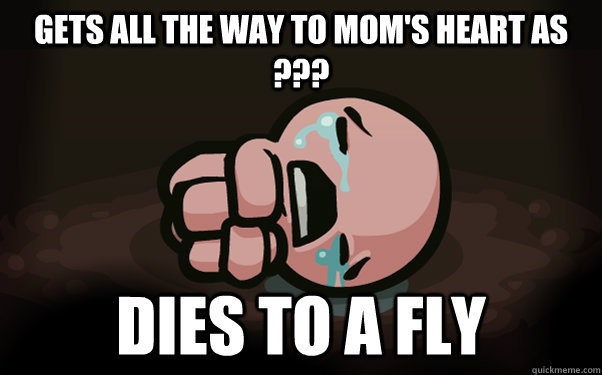 Gets all the way to mom's heart as ??? Dies to a fly  The Binding of Isaac